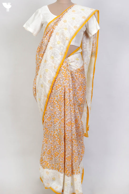 Chanderi Silk Saree With Chikankari Embroidery In Floral Block Print
